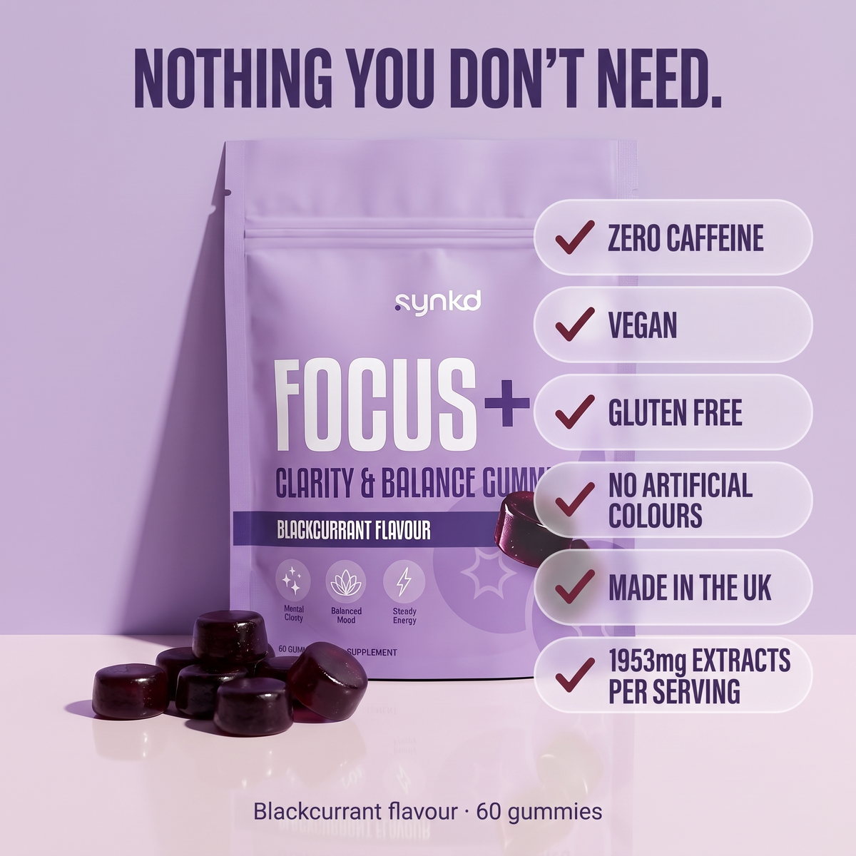 Focus & Energy Mushroom Gummies – 7 Superfood Extracts, 1953mg