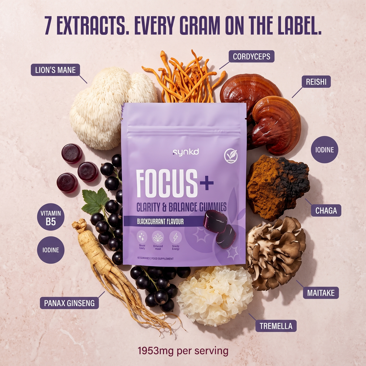 Focus & Energy Mushroom Gummies – 7 Superfood Extracts, 1953mg