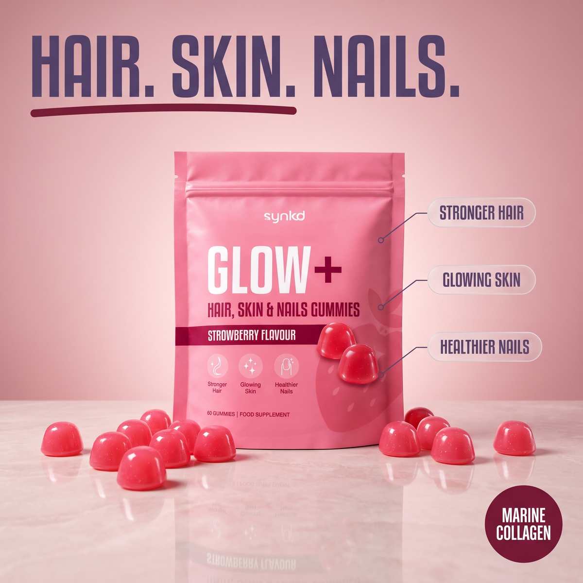 Glow+ Marine collagen gummies for hair skin and nails