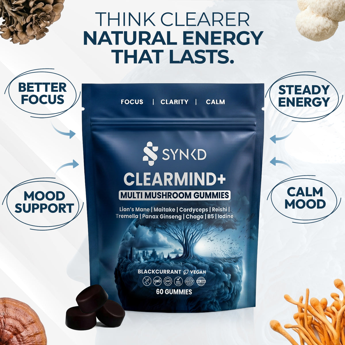 Focus & Energy Mushroom Gummies – 7 Superfood Extracts, 1953mg