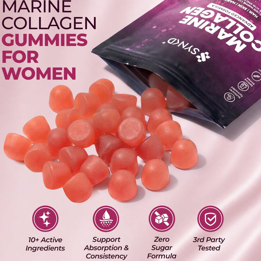 Marine collagen gummies for women with packaging on a pink background