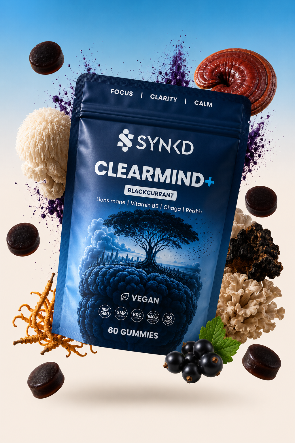 SYNKD ClearMind+ blackcurrant mushroom gummies